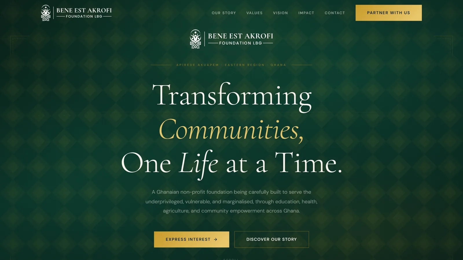 Bene Est Akrofi Foundation homepage: “Transforming Communities, One Life at a Time.”