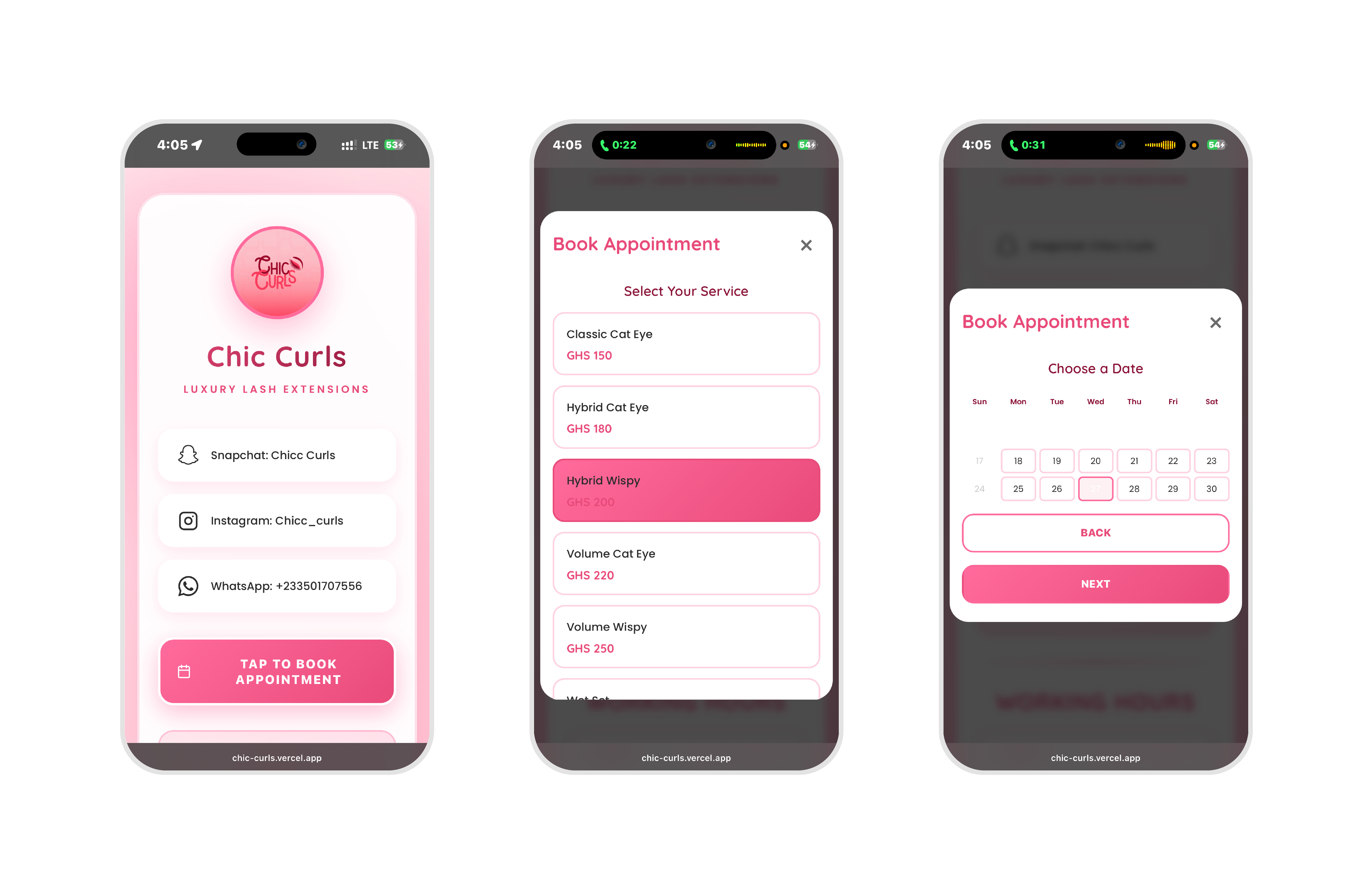 Chic Curls — landing page, service selection, and date picker