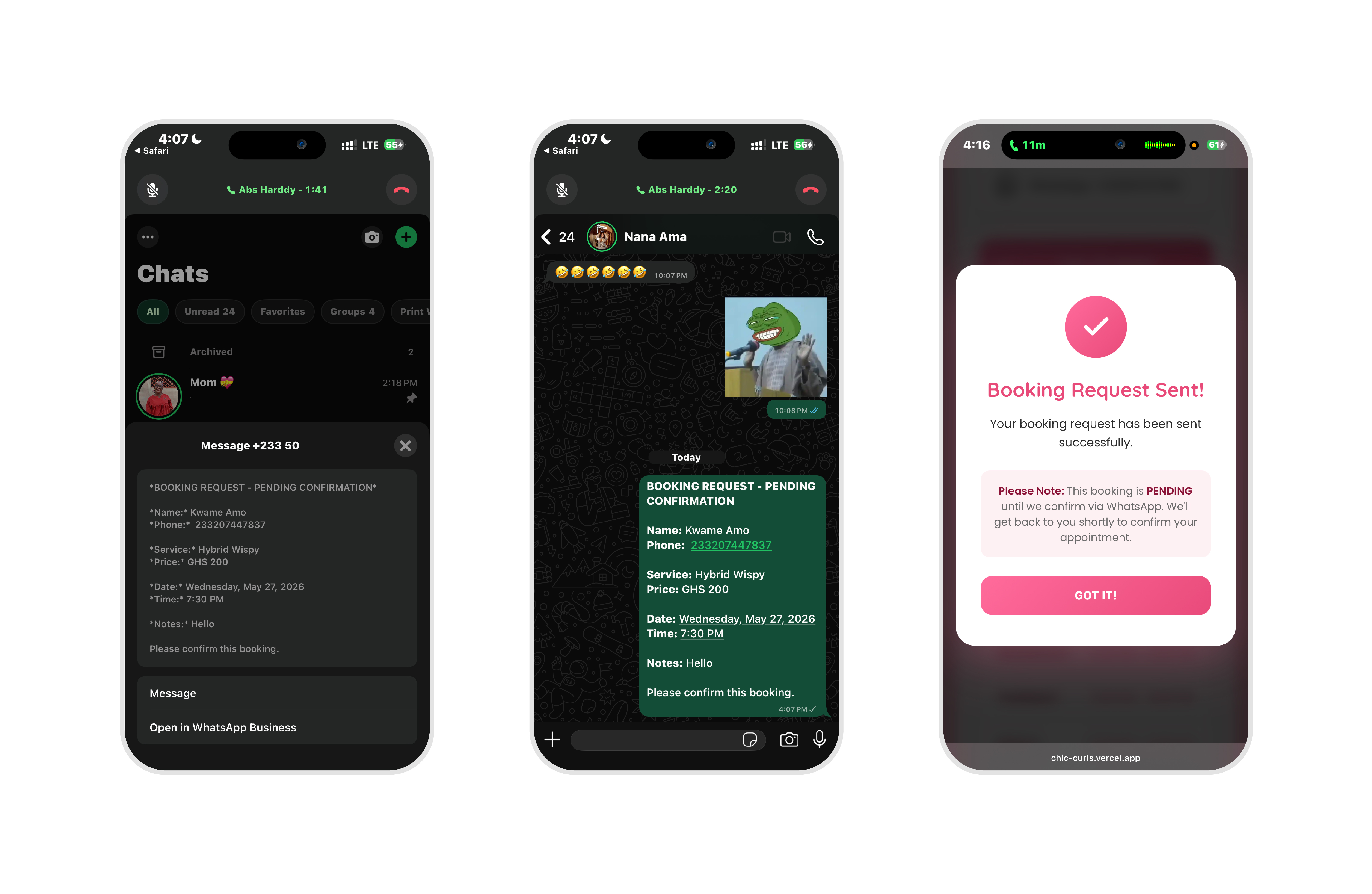 Chic Curls — WhatsApp booking delivery and site confirmation modal