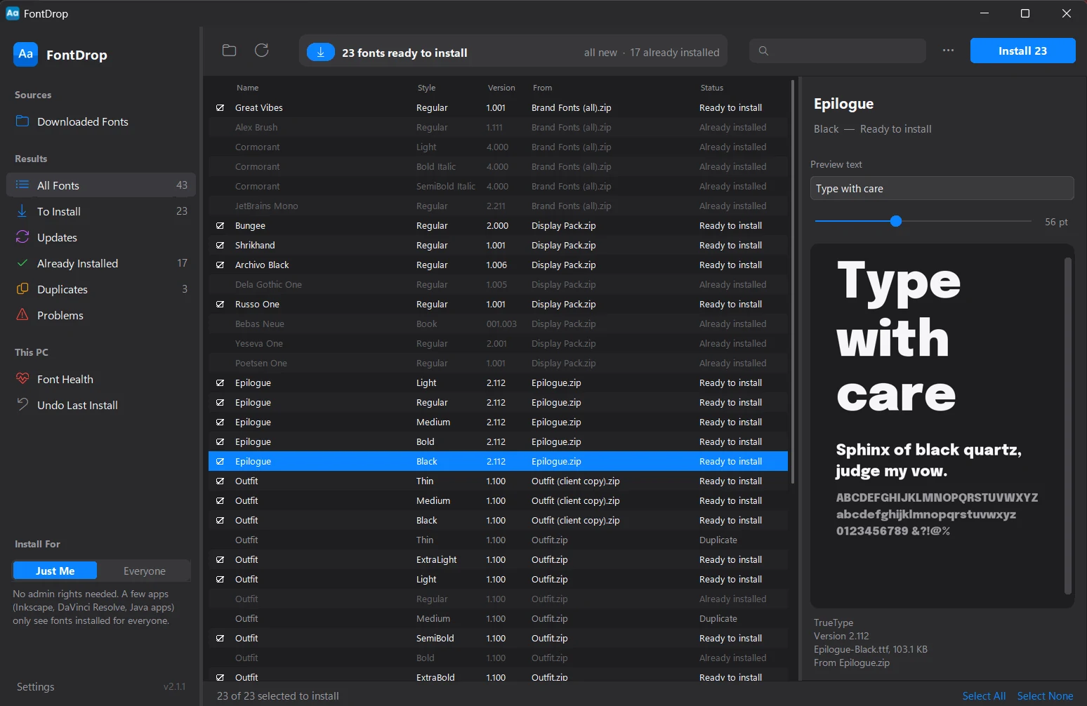 FontDrop scanning five zip files and listing which fonts are ready to install